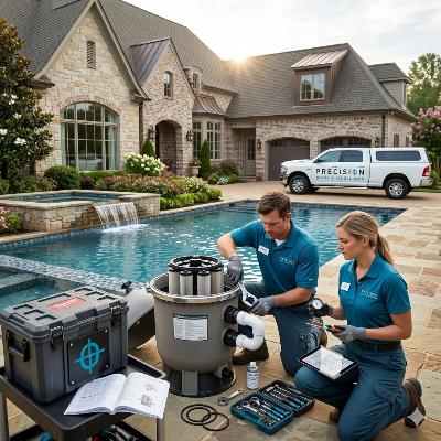 Pool Filter Repair - Precision Pools Landscape - Precision Pools Landscape Two pool technicians in blue uniforms service a filter system beside a backyard pool, with a Precision service van in the driveway.
