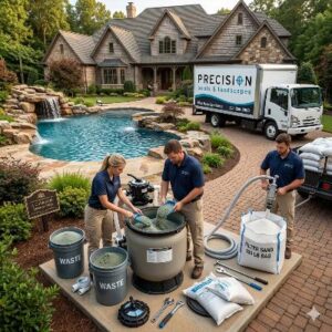 Three technicians in navy shirts work on a pond filtration project in a landscaped backyard with a stone mansion; a Precision Pools & Landscapes truck is parked nearby.