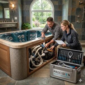 Two technicians repair a built-in hot tub, one uses a wrench near exposed pipes while the other checks a tablet, with a Precision toolkit nearby.