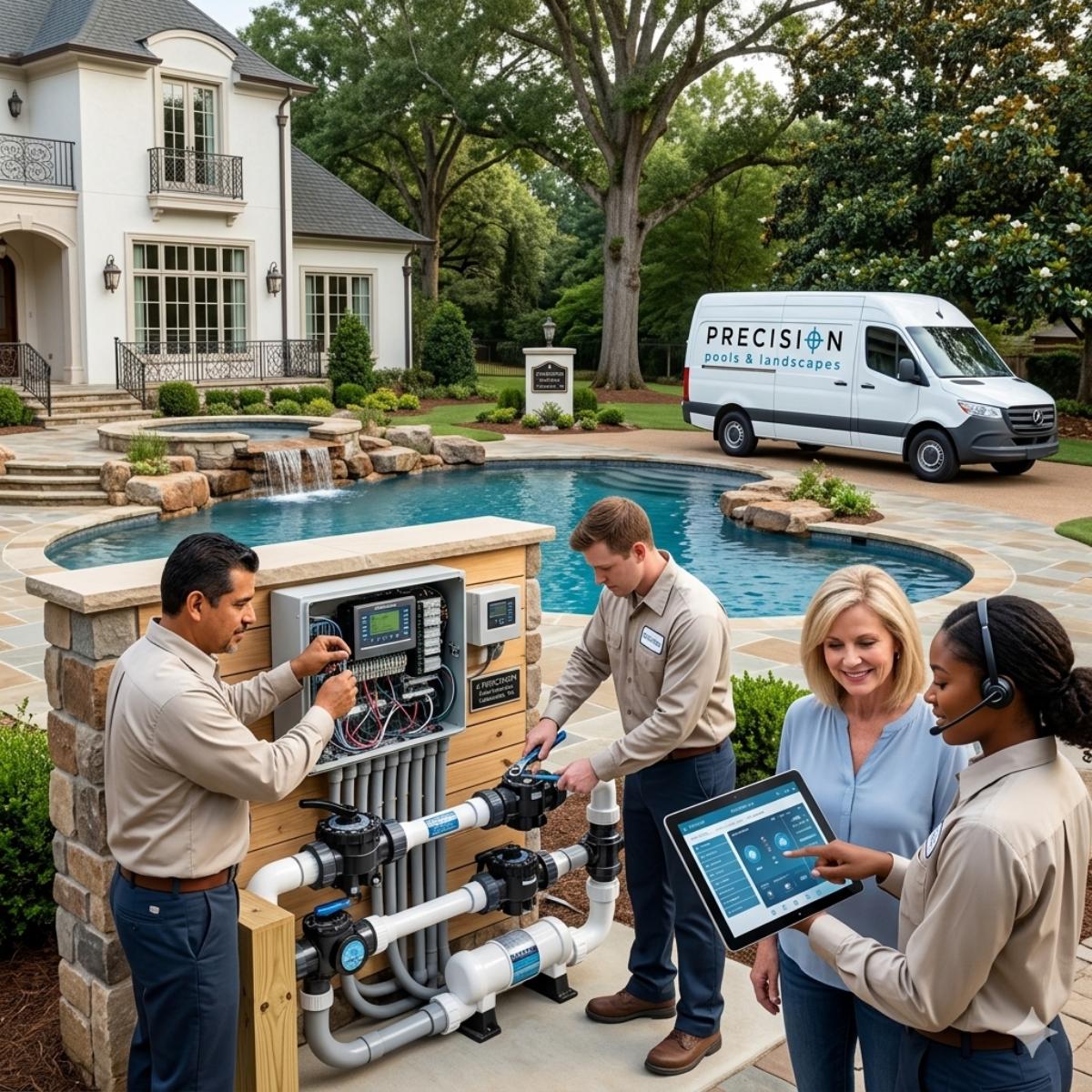 Pool-Automationjpg - Precision Pools Landscape - Precision Pools Landscape Pool maintenance crew tests pool equipment by a stone wall and a landscaped backyard, with a labeled service van in the driveway.