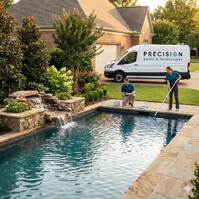Weekly-Pool-Servicejpg - Precision Pools Landscape - Precision Pools Landscape Two workers clean a rectangular backyard pool while a Precision Pools & Landscapes van is parked in the driveway by a landscaped patio area with stone edging and a waterfall feature.