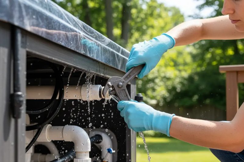 Inspecting hot tub plumbing for leaks under the cabinet